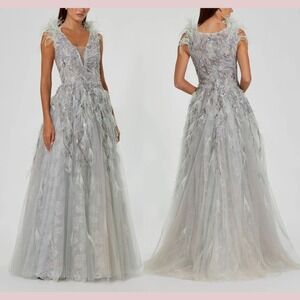 NWT Mac Duggal [ 16 ] 20259 Embellished Feathered Sleeveless A Line Gown Seamist